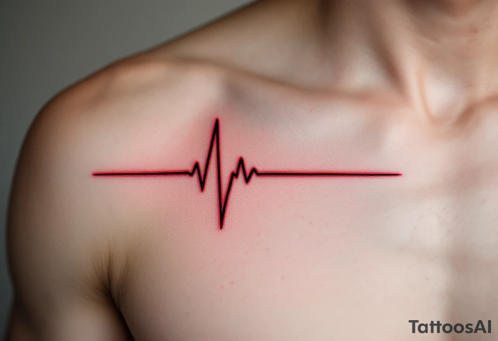 A red and black EKG line across the chest with a small white crescent moon at the peak, symbolizing life's rhythm and mystery. tattoo idea