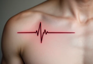 A red and black EKG line across the chest with a small white crescent moon at the peak, symbolizing life's rhythm and mystery. tattoo idea