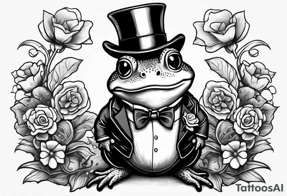 Cute toad standing on back legs  in a top hat and a formal suit holding flowers to go on a date tattoo idea