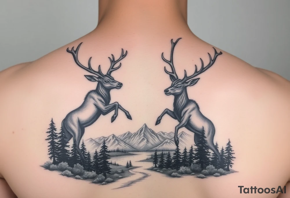 FOREARM tattoo Black and grey realism Nature scene with two stags fighting in the foreground include mountains water and trees  realistic tattoo idea