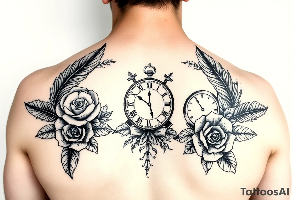 In memory of daddy feathers 
and roses with clocks tattoo idea