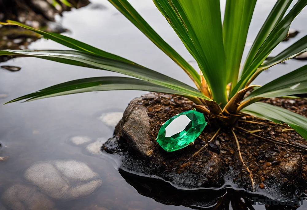 A striking Gachala emerald sits at the base of a tall quindio wax palm, which grows resiliently from cracks in rugged, rocky soil. The emerald is the main focal point, symbolizing strength and endurance, while the wax palm, rooted in the soil’s crevices, represents growth and resilience. A small water stream flows gently from the rocks, adding an element of life and nourishment. tattoo idea