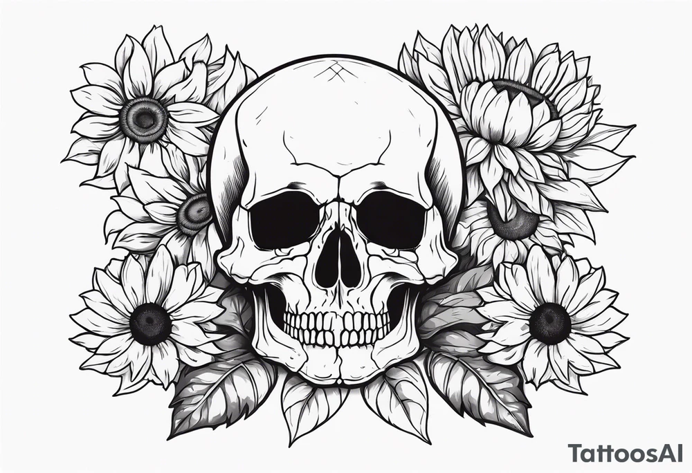 skull surrounded by sunflowers tattoo idea