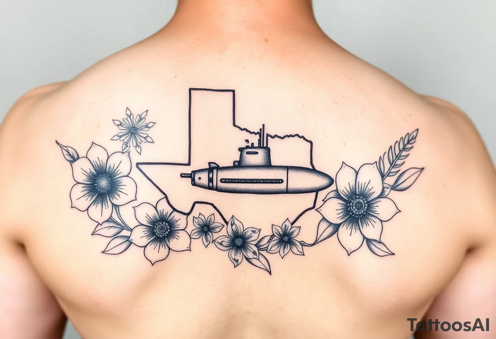 Texas, Connecticut, and Washington. You could also include a small submarine traveling between them.
•	Floral Elements: Incorporate state flowers—bluebonnet (Texas), mountain laurel (Connecticut), and coast rhododendron (Washington)—around the portrait. tattoo idea