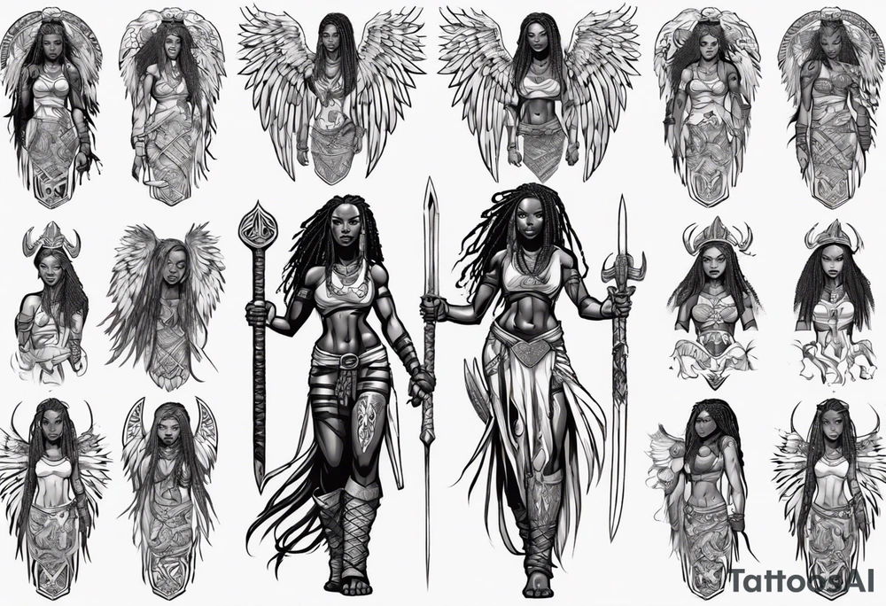 African female Viking valkyre angel full body 
slim long face small mouth long braided hair holding sword tattoo idea