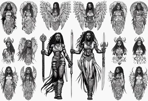 African female Viking valkyre angel full body 
slim long face small mouth long braided hair holding sword tattoo idea