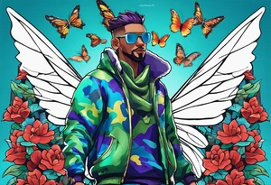 Christmas color camouflage clothes on the fortnite character jolly jammer, wrapped in majestic butterfly wings with a greenish blue glow,all on a pond with the fortnite zero point below it, tattoo idea