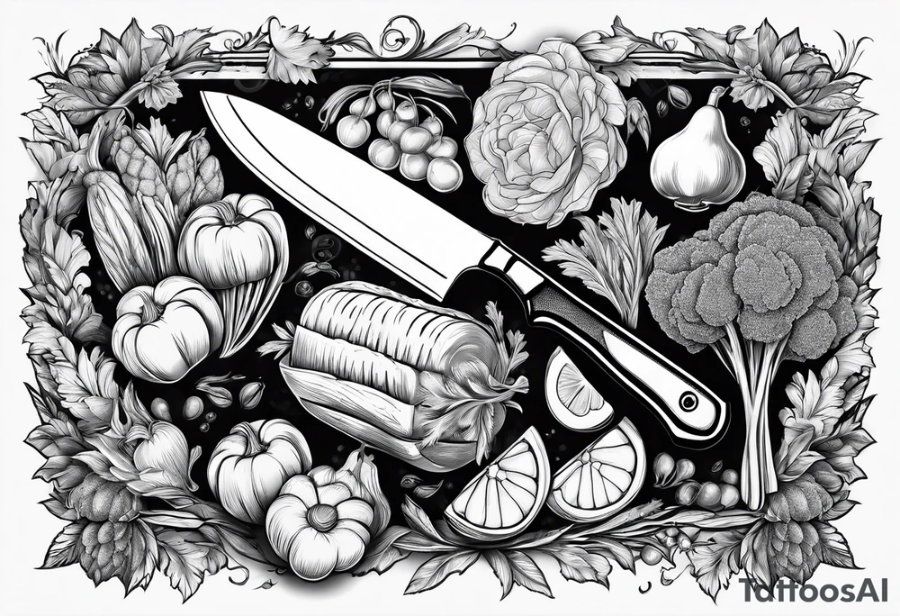 simple Chef knife with vegetables inside blade tattoo idea simple Chef knife with vegetables inside blade tattoo idea