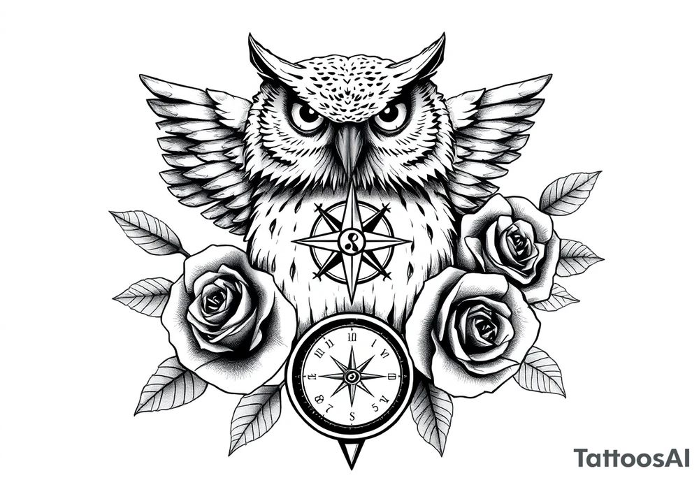 an owl,compass,roses, tattoo idea