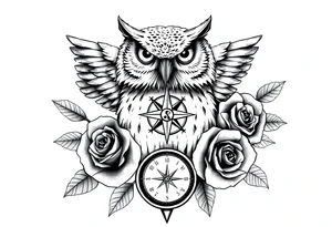 an owl,compass,roses, tattoo idea