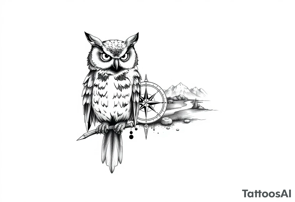 an owl,a compass,landscape. tattoo idea