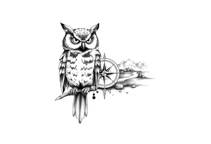 an owl,a compass,landscape. tattoo idea