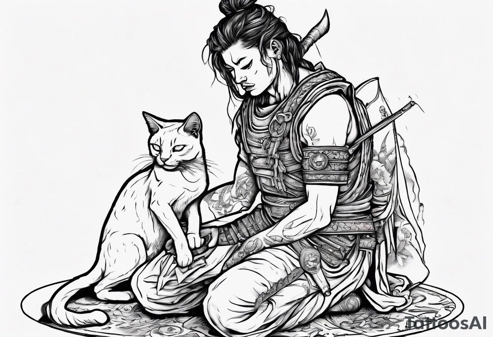 Warrior kneeling down feeding a cat with the world on his shoulders. You can’t be peaceful without being capable of violence tattoo idea