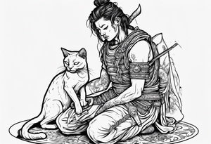 Warrior kneeling down feeding a cat with the world on his shoulders. You can’t be peaceful without being capable of violence tattoo idea