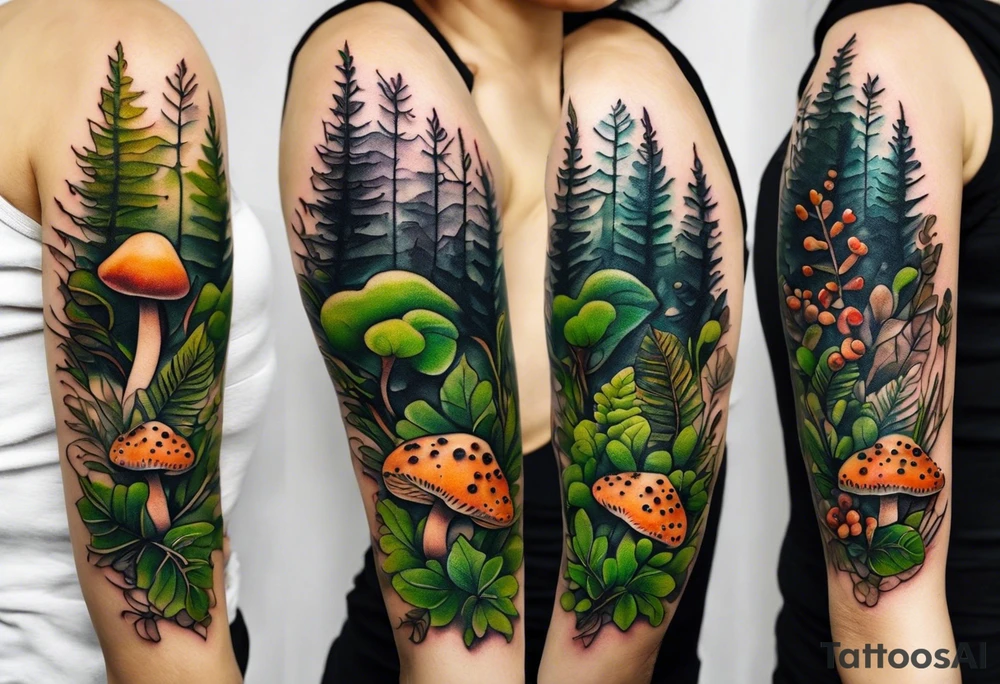 minimalistic forest floor inspired tattoo, which includes grass, moss, curly ferns and dead leaves as the bulk of the tattoo. details to include: forest berries, couple of very small brown mushrooms, a tiny bumblebee flying nearby tattoo idea