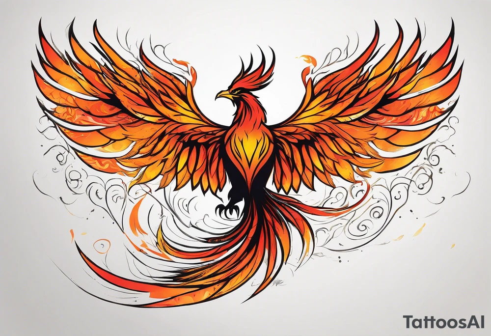 A majestic fire phoenix, rising powerfully with its wings spread wide and feathers flowing, representing rebirth and resilience. The phoenix is detailed with intricate feathers, creating a sense of movement and vitality. The design is bold, with deep shading and texture that adds dimension and intensity to its form. tattoo idea