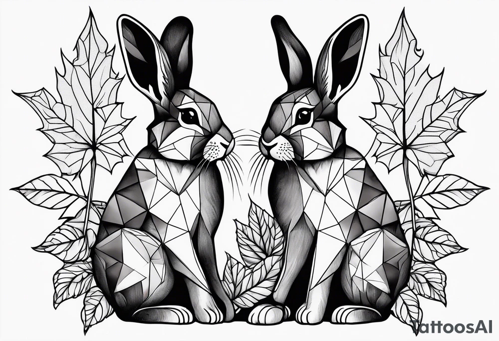 two bunnies, one smaller, one larger, with their backs, holding a maple leaf tattoo idea