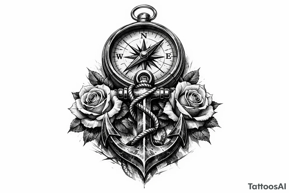 a compass under it an anchor and roses. tattoo idea