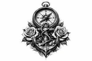 a compass under it an anchor and roses. tattoo idea