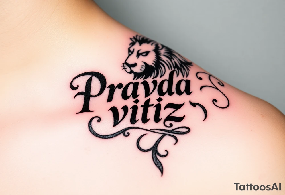 "Pravda vítězí" (Truth Prevails) in elegant calligraphy, intertwined with the Czech lion’s mane, in bold black ink. tattoo idea