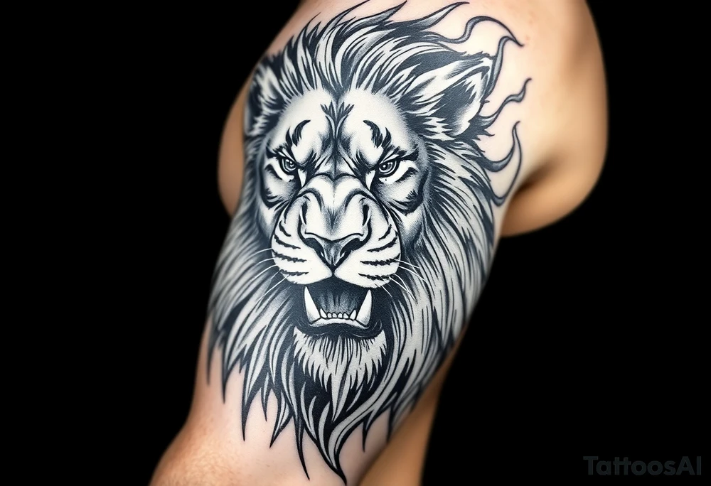 Lion looking into the fire face on full of emotion tattoo idea