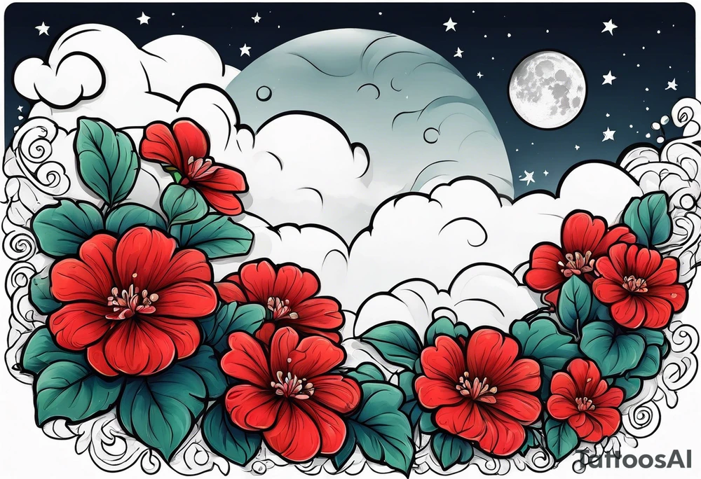 Rain cloud and moon with red geraniums tattoo idea
