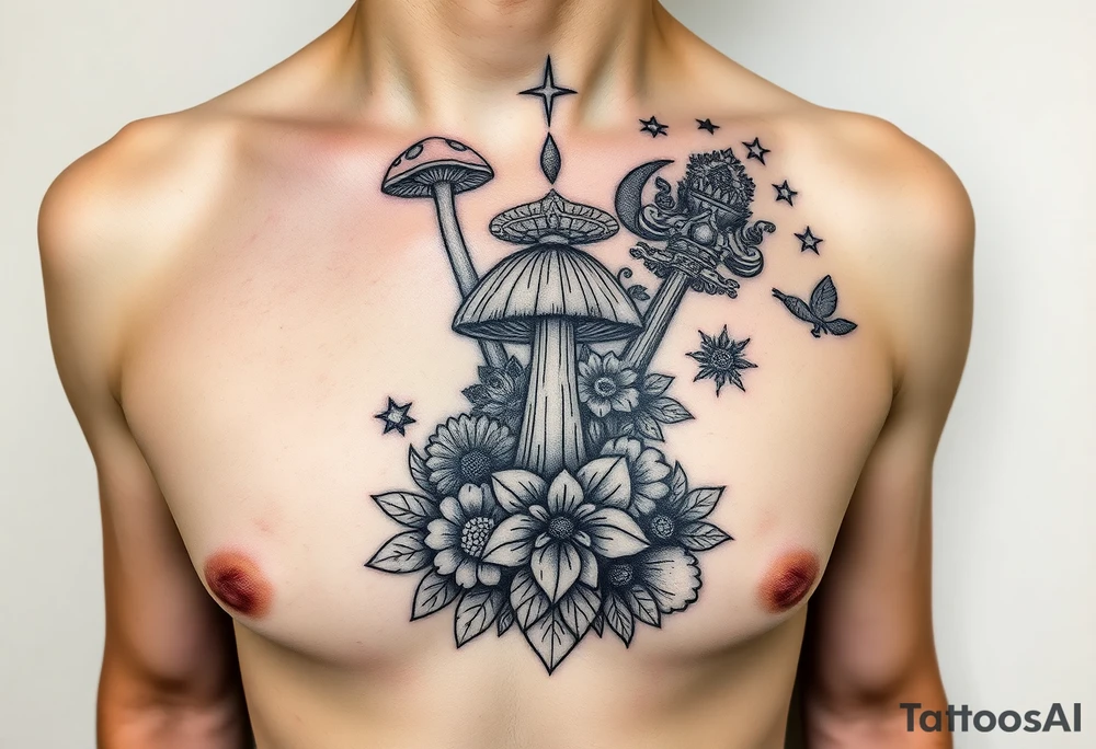Could you possible make me a cool nature tattoo with mushrooms crystals  flowers mandala boho but colorful and psychedelic colorful too that would wrap from front of hip around side to mid back to cover an existing one I have incorporating the stars I have already and only covering some going with shape of curves of female body wrapping from front of hip around side to back tattoo idea