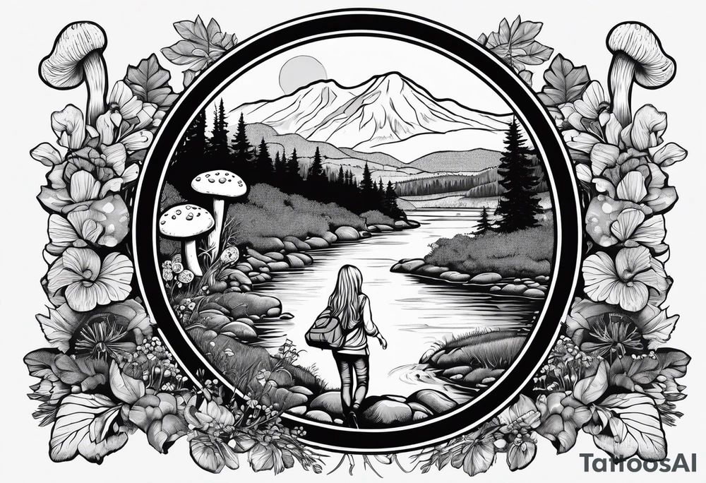 Whole picture encircled fully

Straight long blonde hair hippie girl in distance holding mushrooms in hand facing away toward mountains and creek surrounded by mushrooms long sleeve shirt and hiking pants; whole rendering within a full circle, no cut off circle tattoo idea