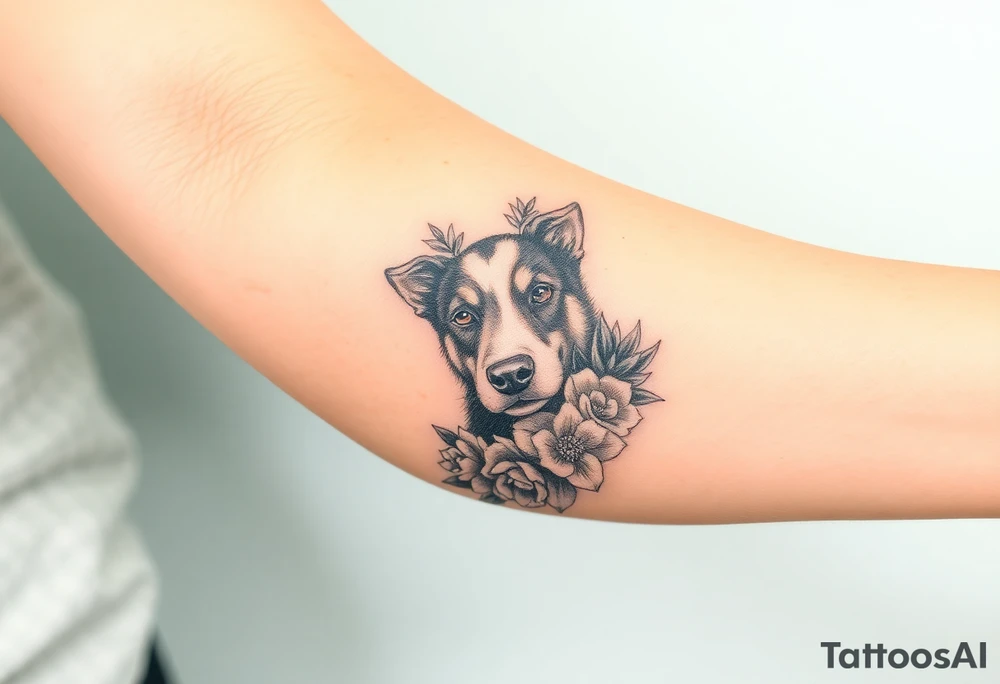 merle austrailian cattle dog with succulents and flowers surrounding his head tattoo idea