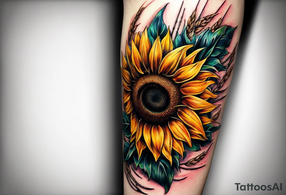 Sunflower, wheat, and barbed wire half sleeve tattoo idea