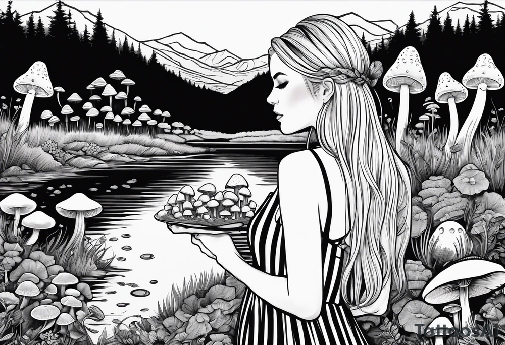 Straight long blonde hair girl in distance holding mushrooms in hand facing away toward mountains and creek surrounded by mushrooms black and white striped dress tattoo idea