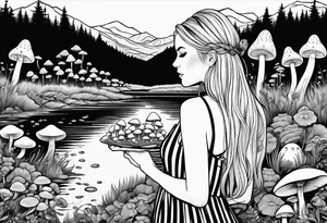 Straight long blonde hair girl in distance holding mushrooms in hand facing away toward mountains and creek surrounded by mushrooms black and white striped dress tattoo idea