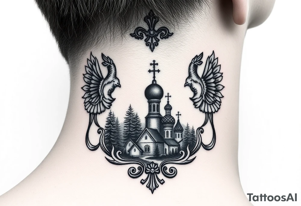 Traditional authentic Russian coat of arms with a Christian orthodox virgin marry in the middle and silhouette in a Russian wilderness Christian orthodoxy dome church village setting on the side of my neck tattoo idea