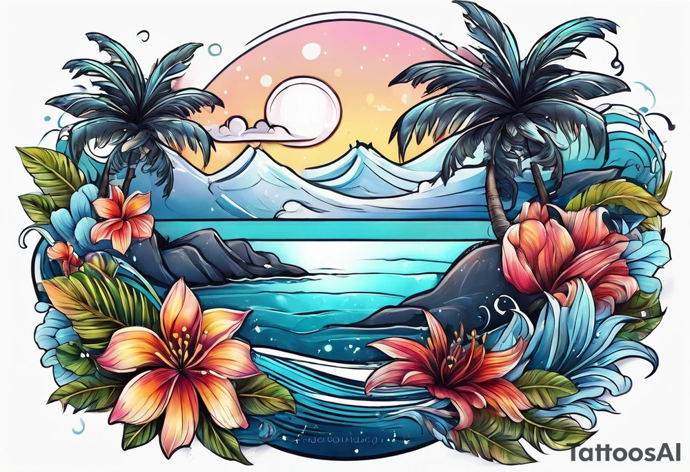 sea,, night, flower, palm, tattoo idea