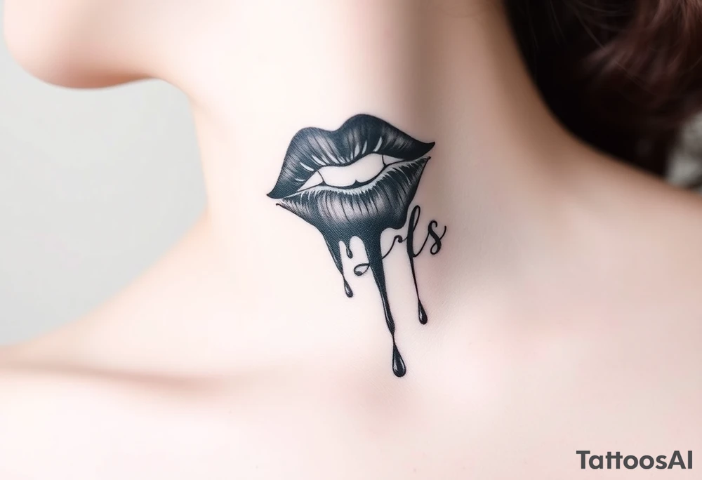 Seductive Stain from lipstick kiss with name lrs lowercase with drool black and white tattoo idea