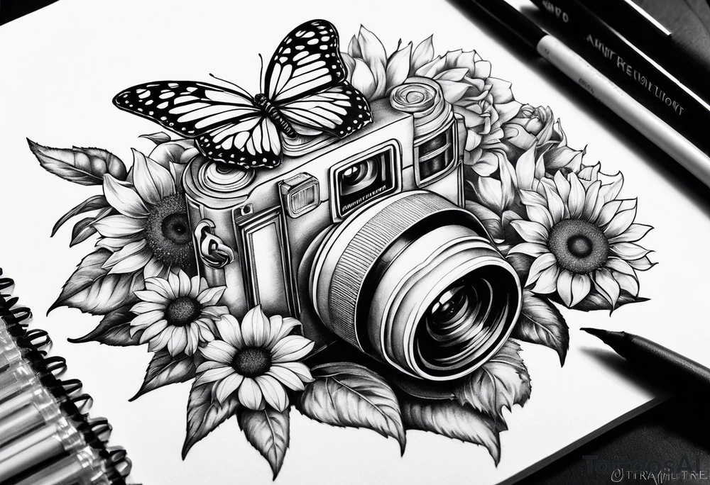 Book, sunflower, camera, butterfly, flower rose tattoo idea Book, sunflower, camera, butterfly, flower rose tattoo idea