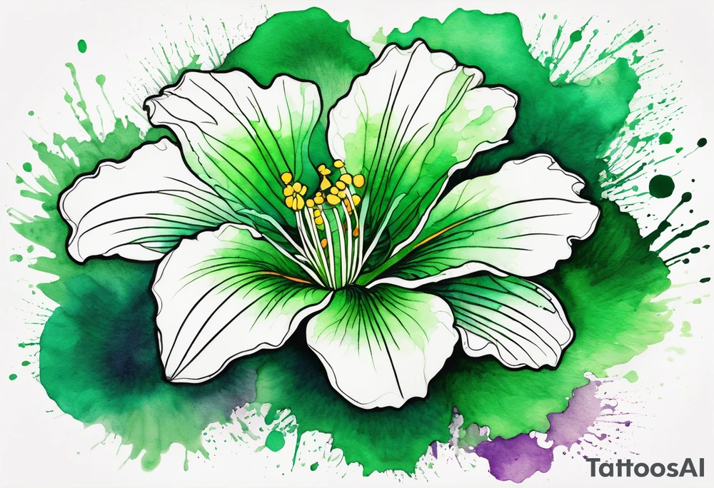 An outline of an only green rio dipladenia flower and a green/purple watercolor splash in the background tattoo idea