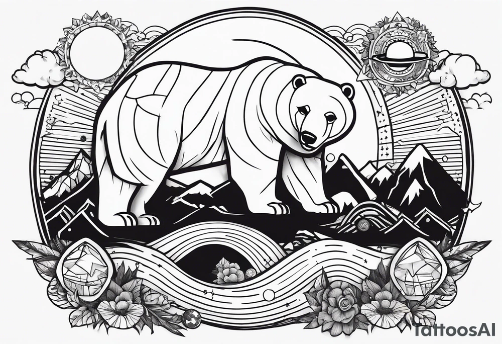 line tatoo beginning with mountains and a polar bear, also has planets, Luffy's  hat, an open book, music and a sword. The whole tatoo is under a skull tattoo idea