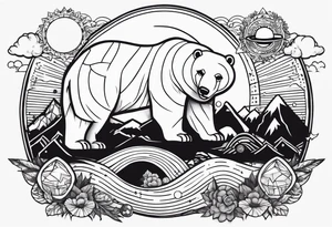 line tatoo beginning with mountains and a polar bear, also has planets, Luffy's  hat, an open book, music and a sword. The whole tatoo is under a skull tattoo idea