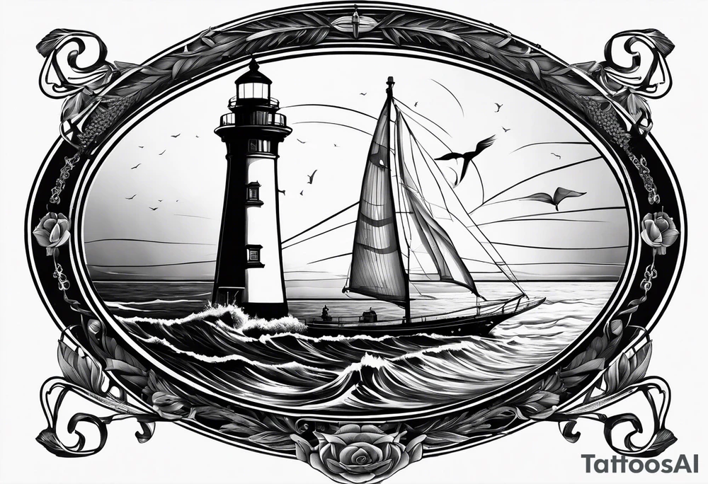 maritime lighthouse in a sailboat serving as a mast for a sail. tattoo idea