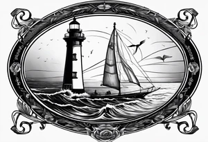 maritime lighthouse in a sailboat serving as a mast for a sail. tattoo idea