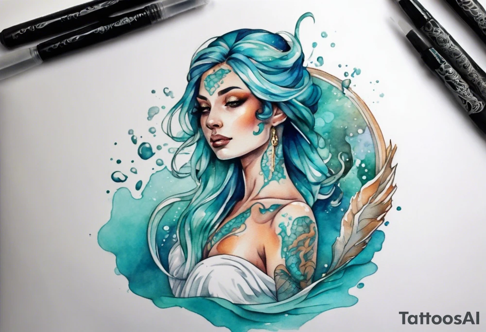 A beautiful undine with turquois scales wearing a white robe, laying on the shore tattoo idea