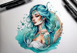 A beautiful undine with turquois scales wearing a white robe, laying on the shore tattoo idea