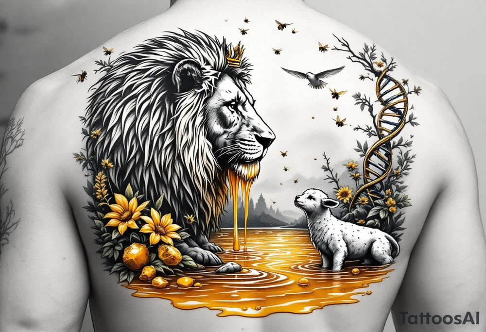 Make a honeycomb dripping honey flowing into a river and lake.  Make a lion, lamb, and dove playing in and by the honey lake.  Make the lion, lamb, and dove playing with and protecting honeybees, a crown, a golden nugget, an ancient hammer, and a harp with melodies.  Make a dna helix in the honey lake. Make an acts 3:21 banner over the tattoo tattoo idea