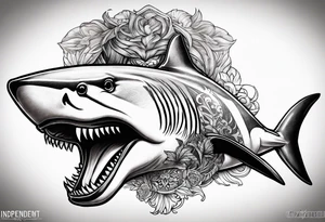 Half a lion half a shark back tattoo with the words “independent from birth” tattoo idea