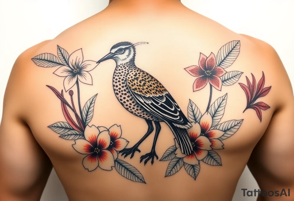 Female pacific golden plover (kolea) bird with heliconia flowers, hibiscus flowers, bird of paradise flowers, beehive ginger, shampoo ginger, red tahitian ginger, surrounded by crown flower lei, puakenikeni lei, and ti leaf lei in color detailed tattoo idea
