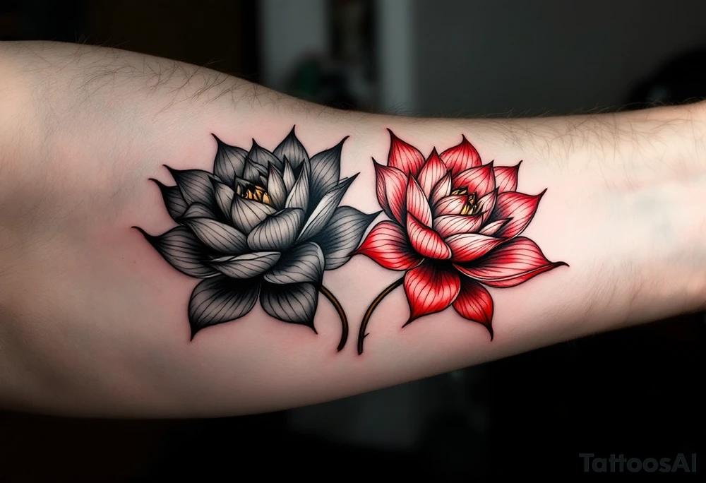 two lotus flowers intertwined (red and black) tattoo idea