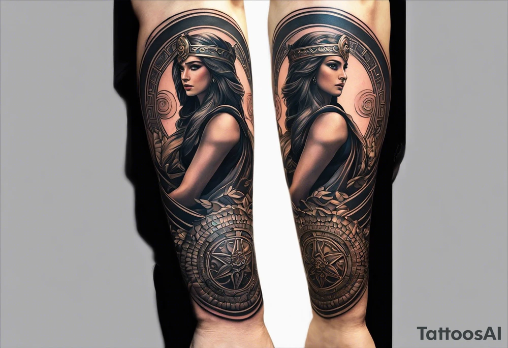 A full tattoo sleeve inspired by Greek mythology, centered around the Greek goddess Athena. Athena is portrayed with a strong, commanding presence, symbolizing wisdom, strength, and warfare. The design emphasizes bold, clean lines with a focus on sharp contrasts, creating a powerful and dynamic visual impact. Surrounding Athena, incorporate a mandala effect with geometric patterns that evoke a sense of order and strategy, reflecting her role as a warrior goddess. The sleeve also features masculine elements such as a fierce owl with piercing eyes, an ornate warrior’s helmet, and olive branches intertwined with Spartan-style armor, all seamlessly integrated into the design. The overall aesthetic is strong, rugged, and heroic, capturing the essence of Athena’s wisdom and martial prowess in a way that resonates with a masculine energy tattoo idea