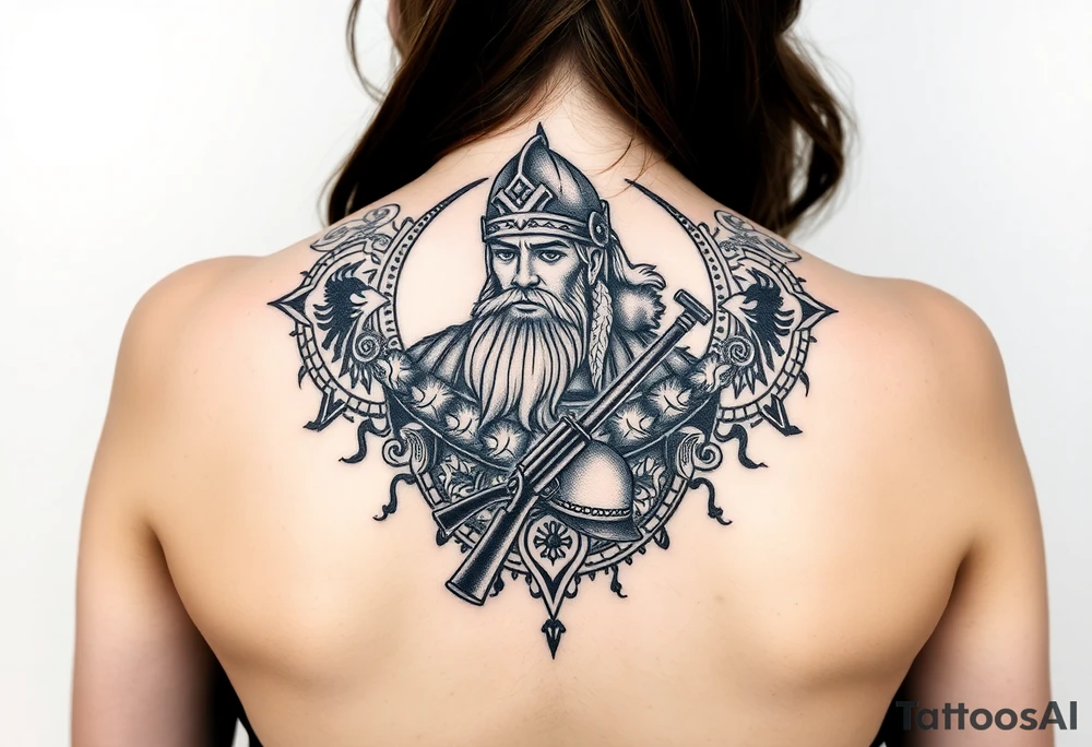 A Viking in the battlefield surrounded by Viking symbols and patterns. Hidden in the patterns is an Australian army rifle and slouch hat. tattoo idea