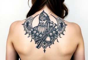 A Viking in the battlefield surrounded by Viking symbols and patterns. Hidden in the patterns is an Australian army rifle and slouch hat. tattoo idea